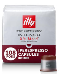 illy front packaging showing Intenso dark roast capsules and bold branding benefit convenience