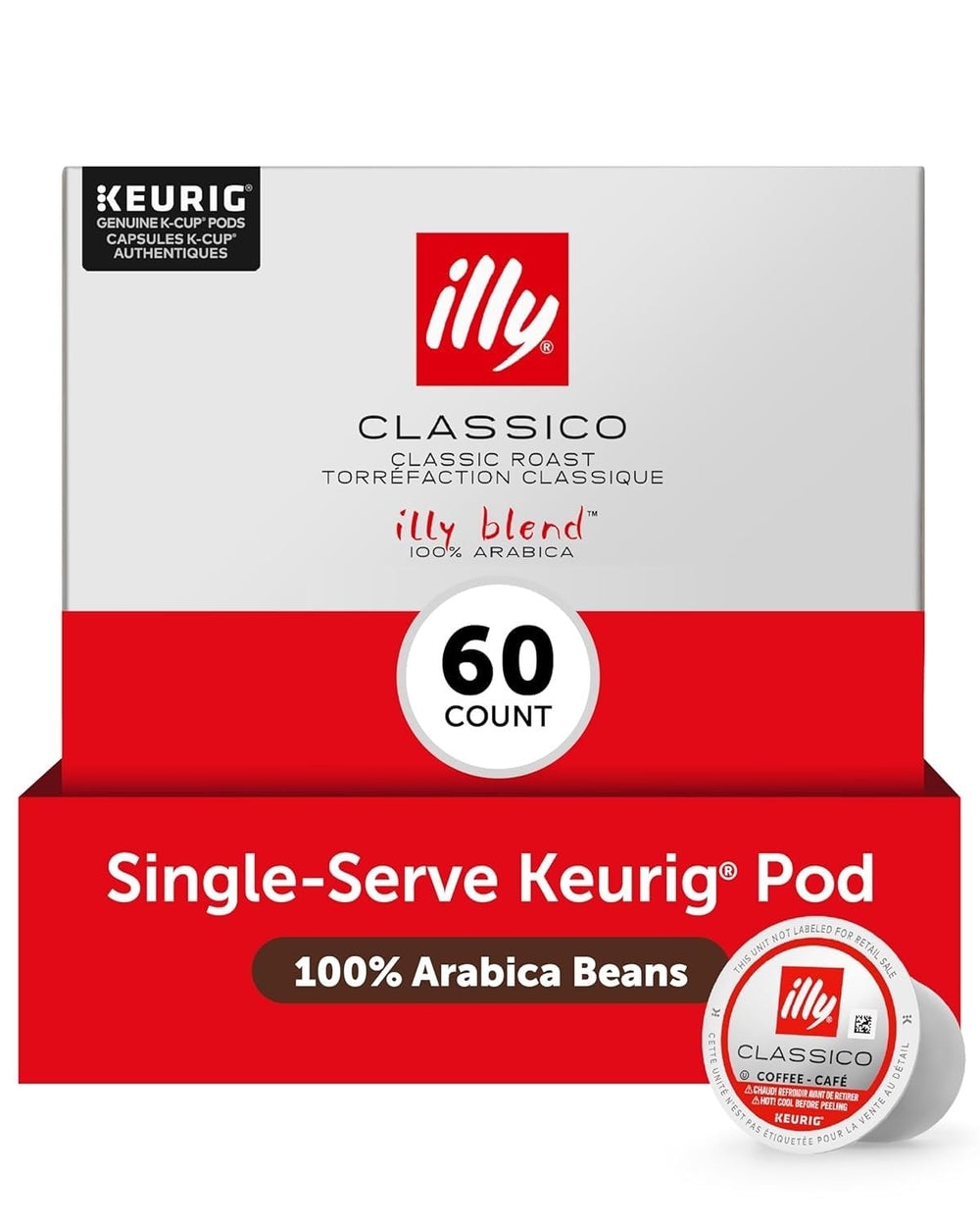 illy front packaging showing 6-pack of 10-count pods, convenient storage benefit