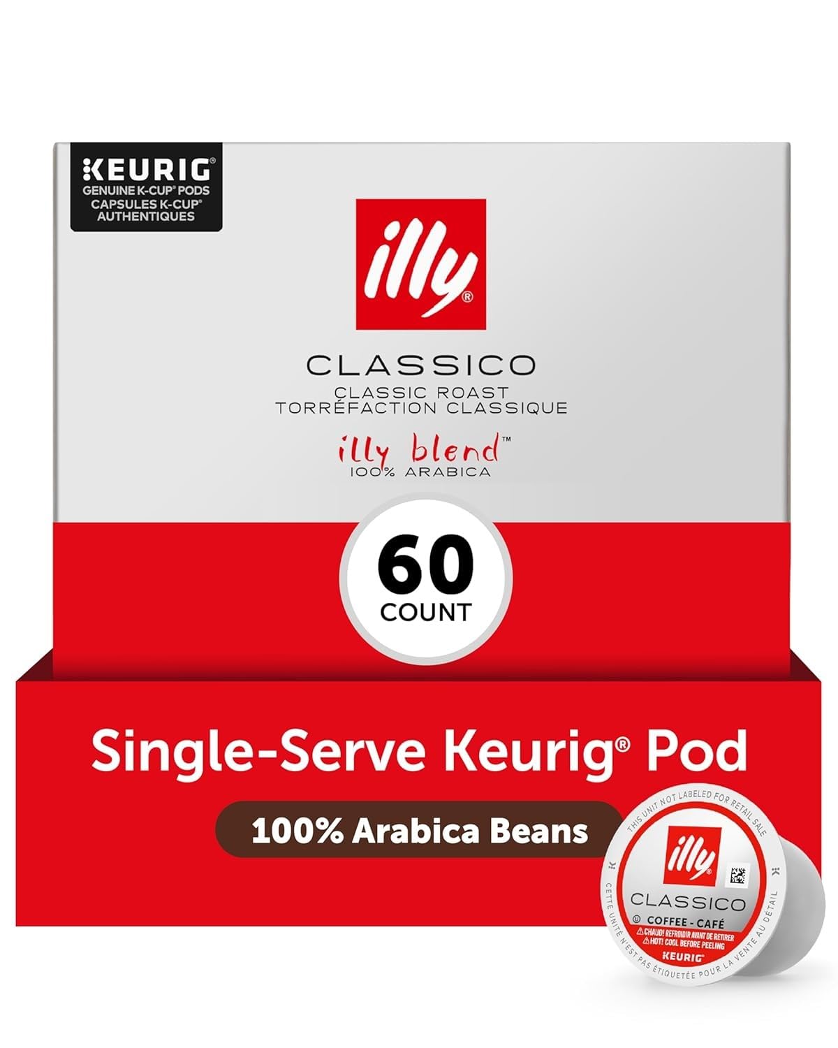 illy front packaging showing 6-pack of 10-count pods, convenient storage benefit