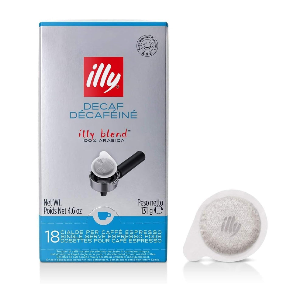 illy front box of 18 E.S.E. Classico Decaf pods showing packaging and quantity benefit