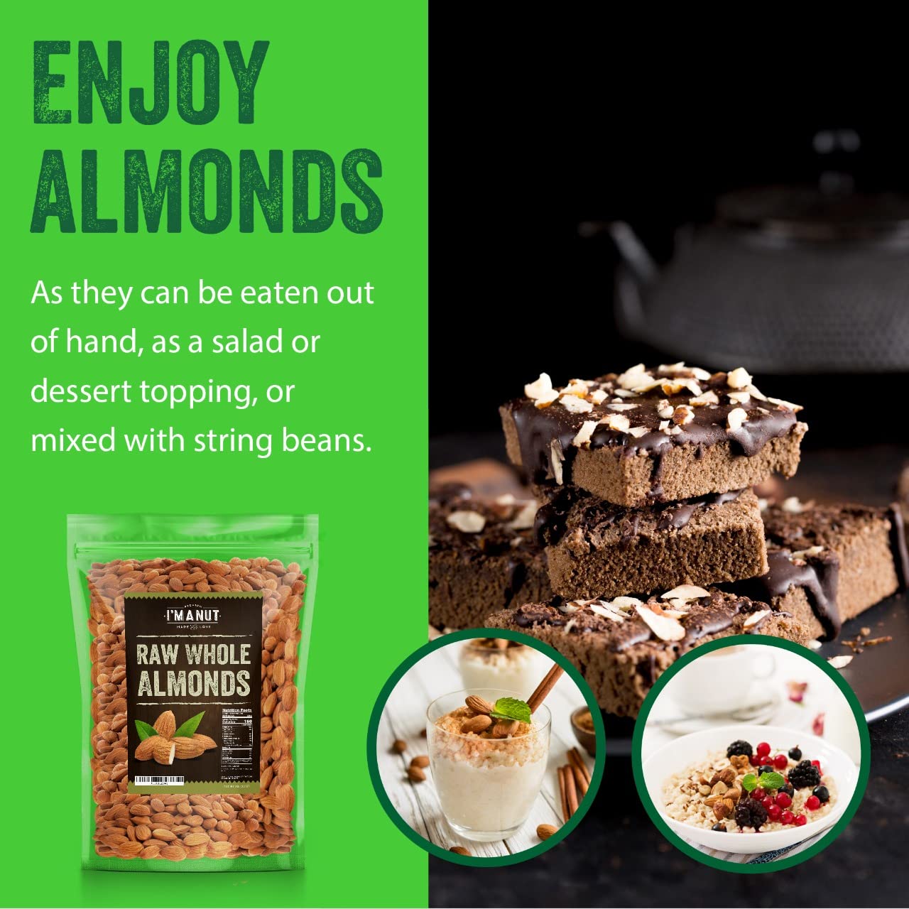 I'm A Nut almonds served in a bowl illustrating easy snacking and recipe-ready nuts