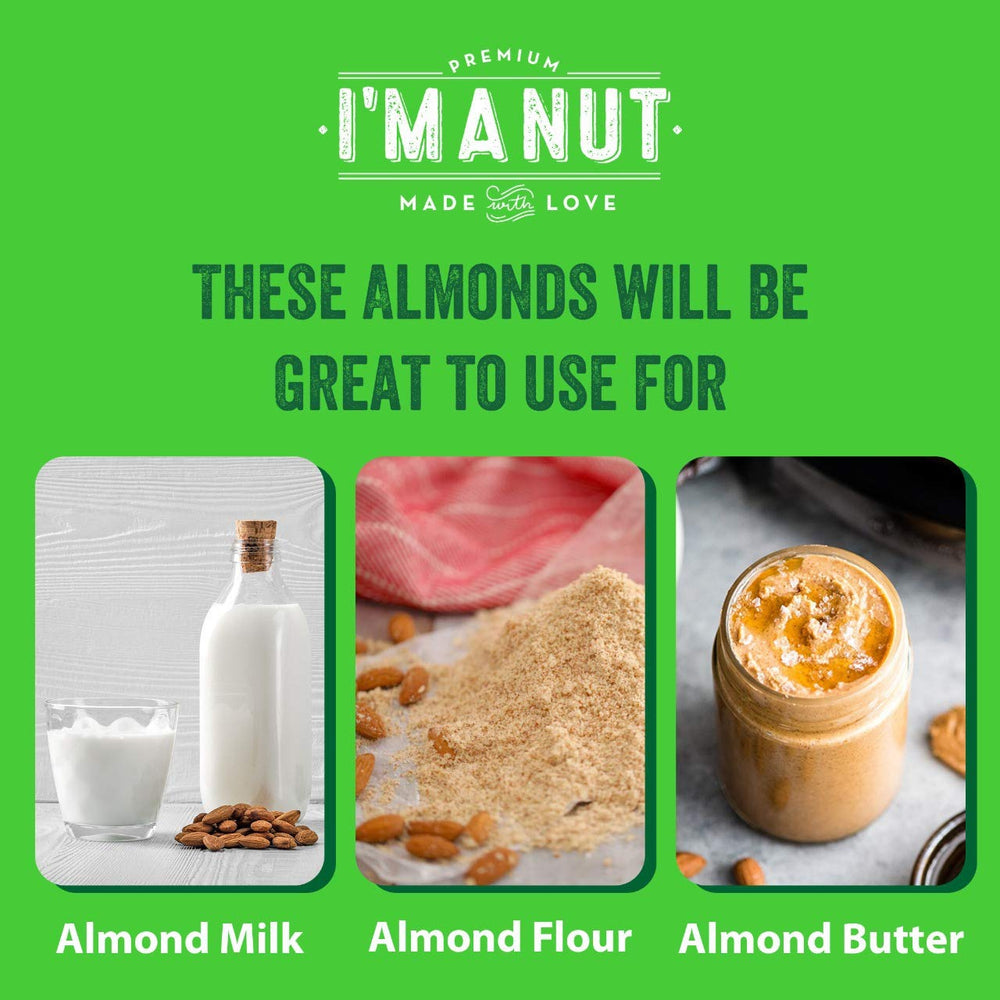 I'm A Nut almonds in a ceramic bowl on kitchen counter, ready for snacking and recipes