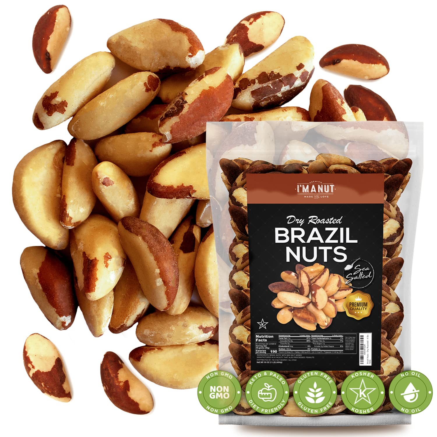 I'm A Nut front packaging showing 1 lb bag and product branding, convenient reseal