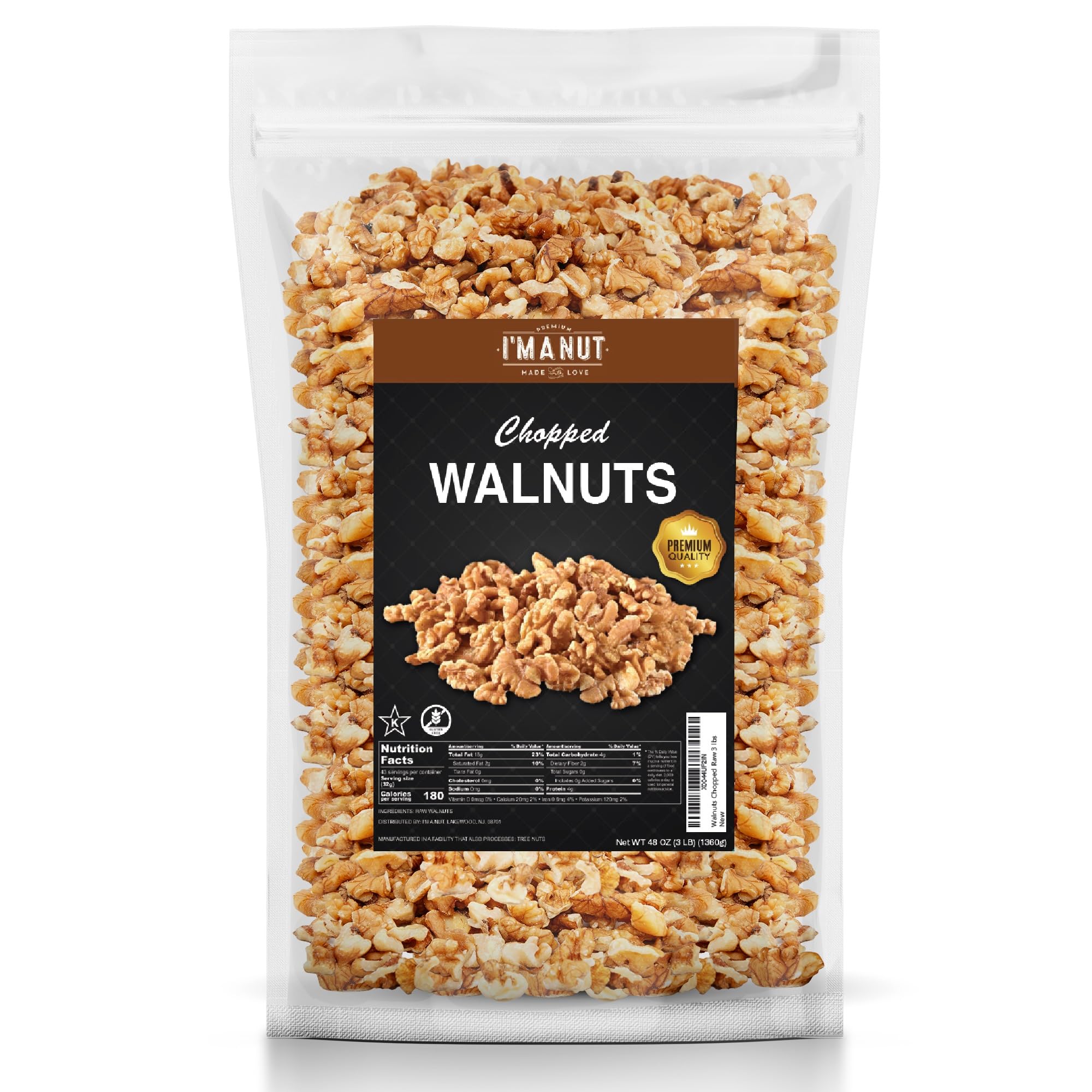 I'm A Nut front packaging showing 48oz pouch and clear branding benefits freshness