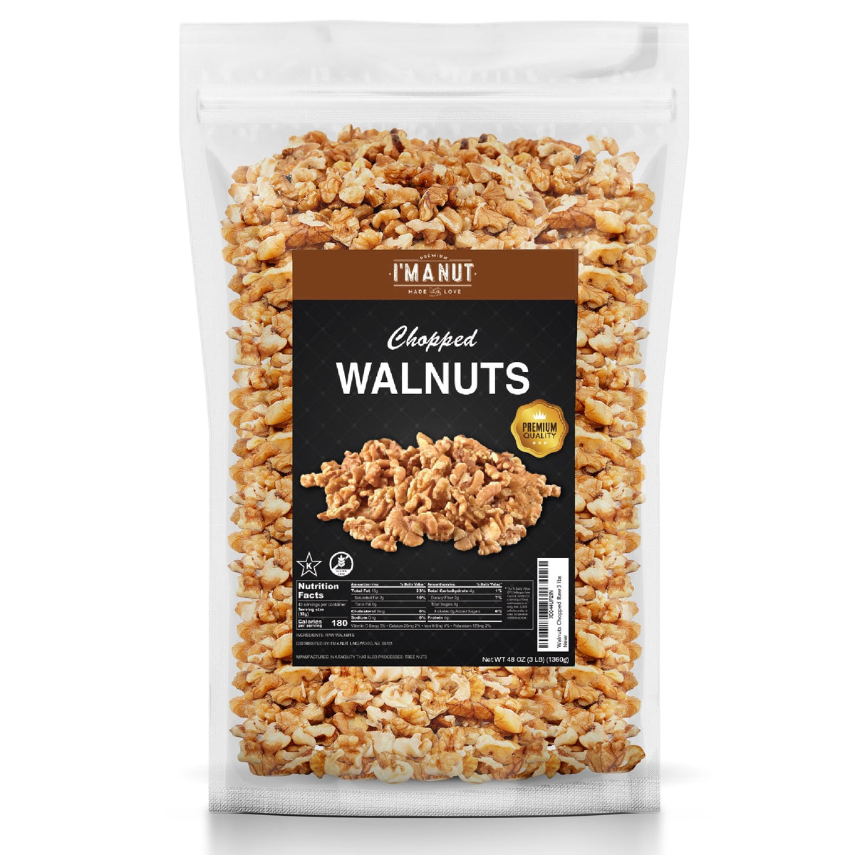 I'm A Nut front packaging showing 48oz pouch and clear branding benefits freshness