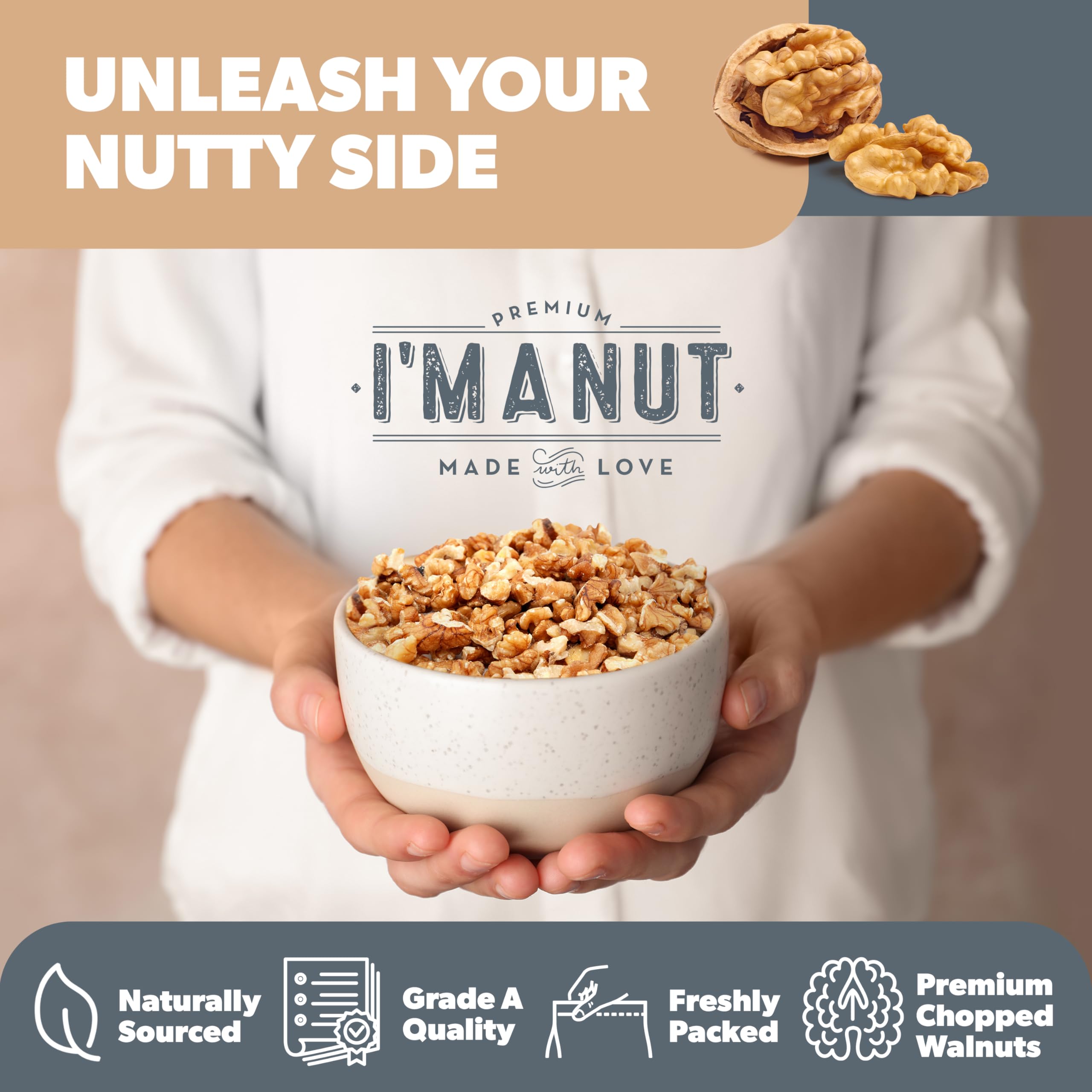 I'm A Nut walnuts mixed into baking batter for consistent texture