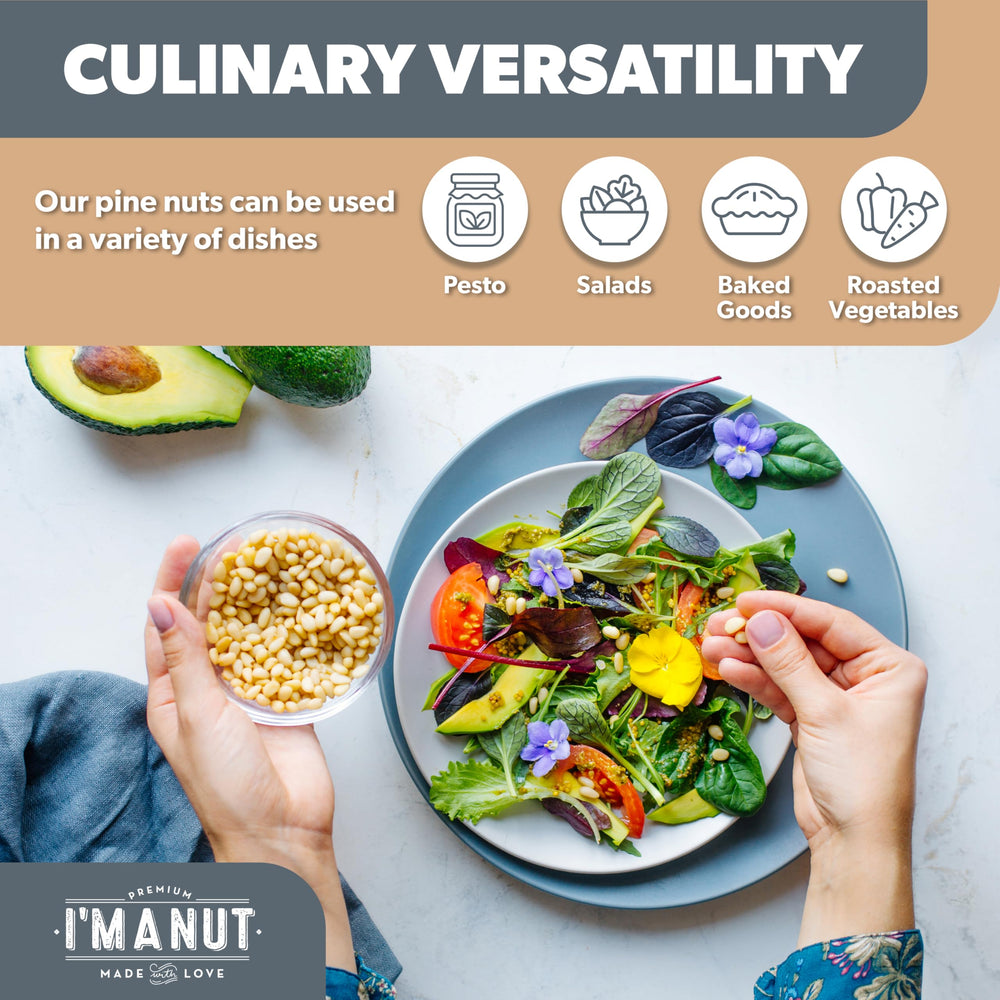 I'm A Nut pine nuts poured in a bowl for easy measuring and recipe use