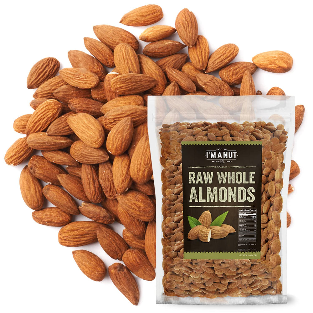 I'm A Nut front pouch of 64 oz raw California almonds showing branding and resealable bag benefits