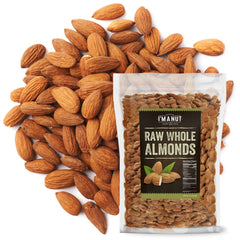 I'm A Nut front pouch of 64 oz raw California almonds showing branding and resealable bag benefits