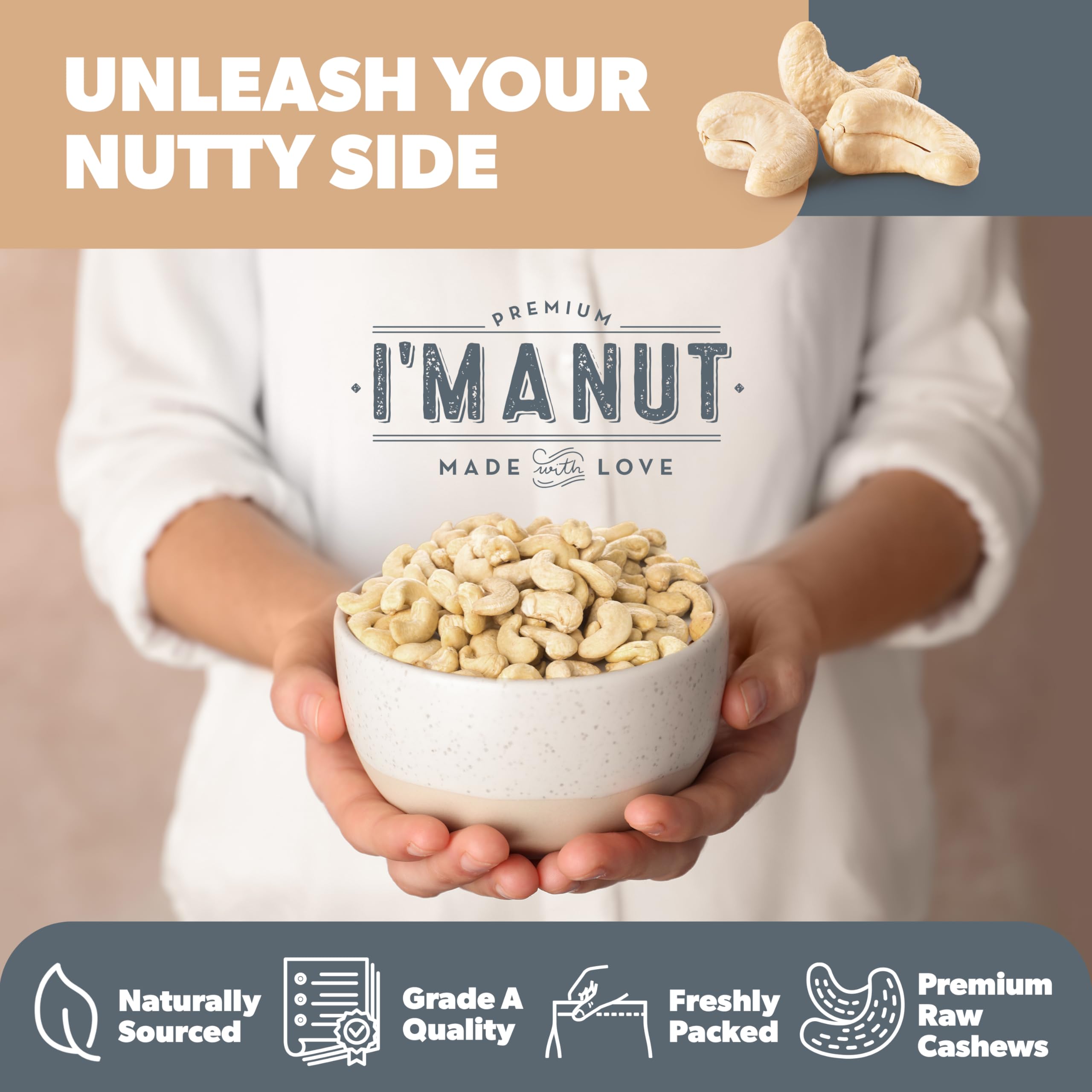 I'm A Nut size comparison with measuring cup showing bulk value