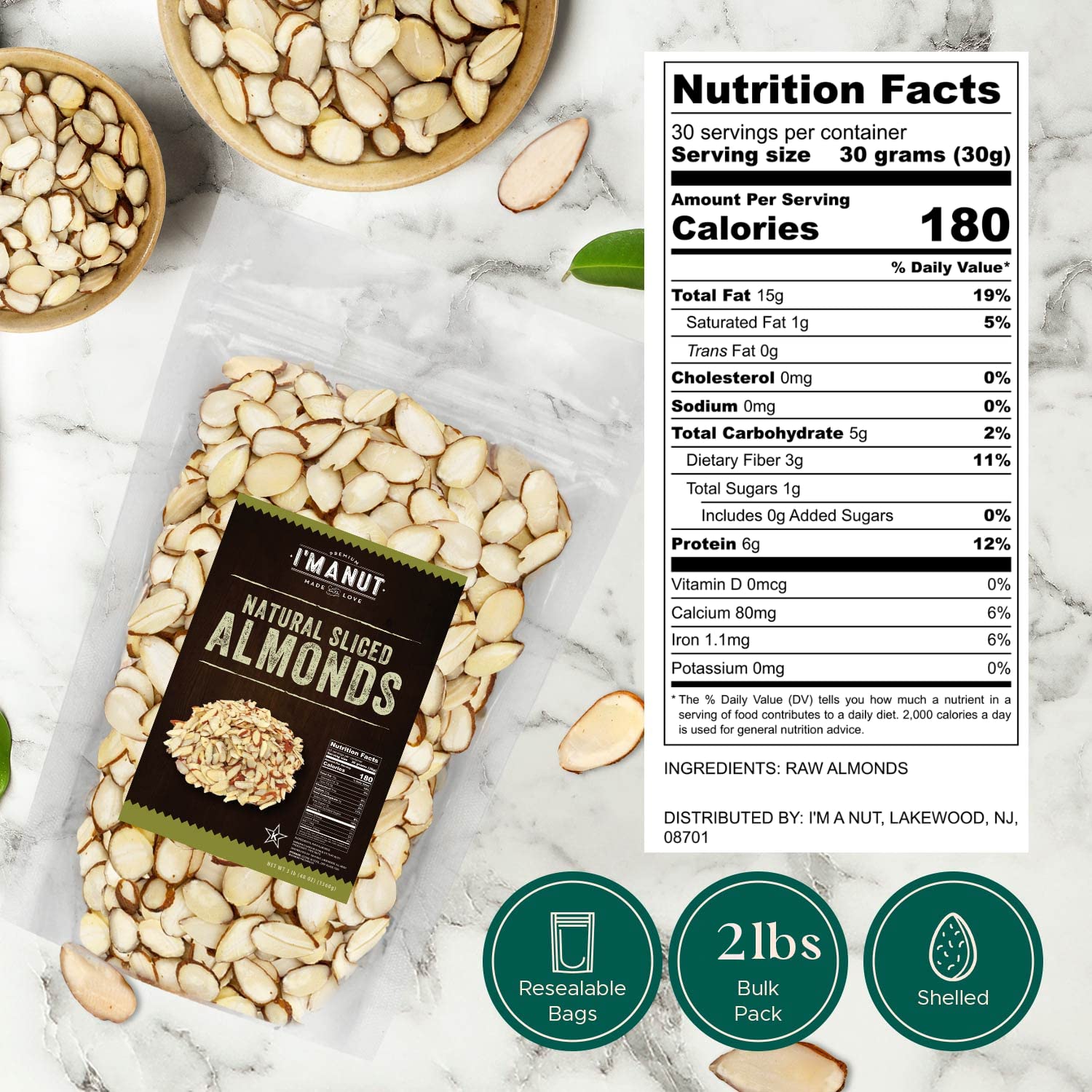 I'm A Nut sliced almonds in a bowl ready to top salads and oatmeal