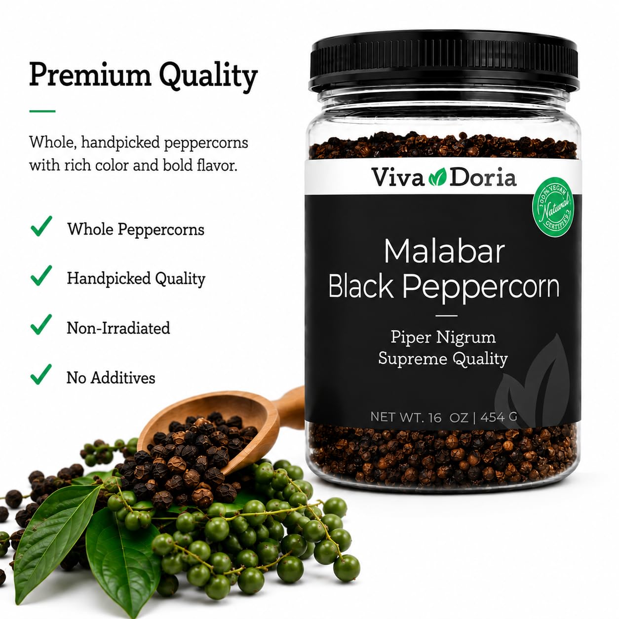Viva Doria Malabar Whole Black Peppercorns 16 oz Refill Pouch — Resealable, Bold Flavor