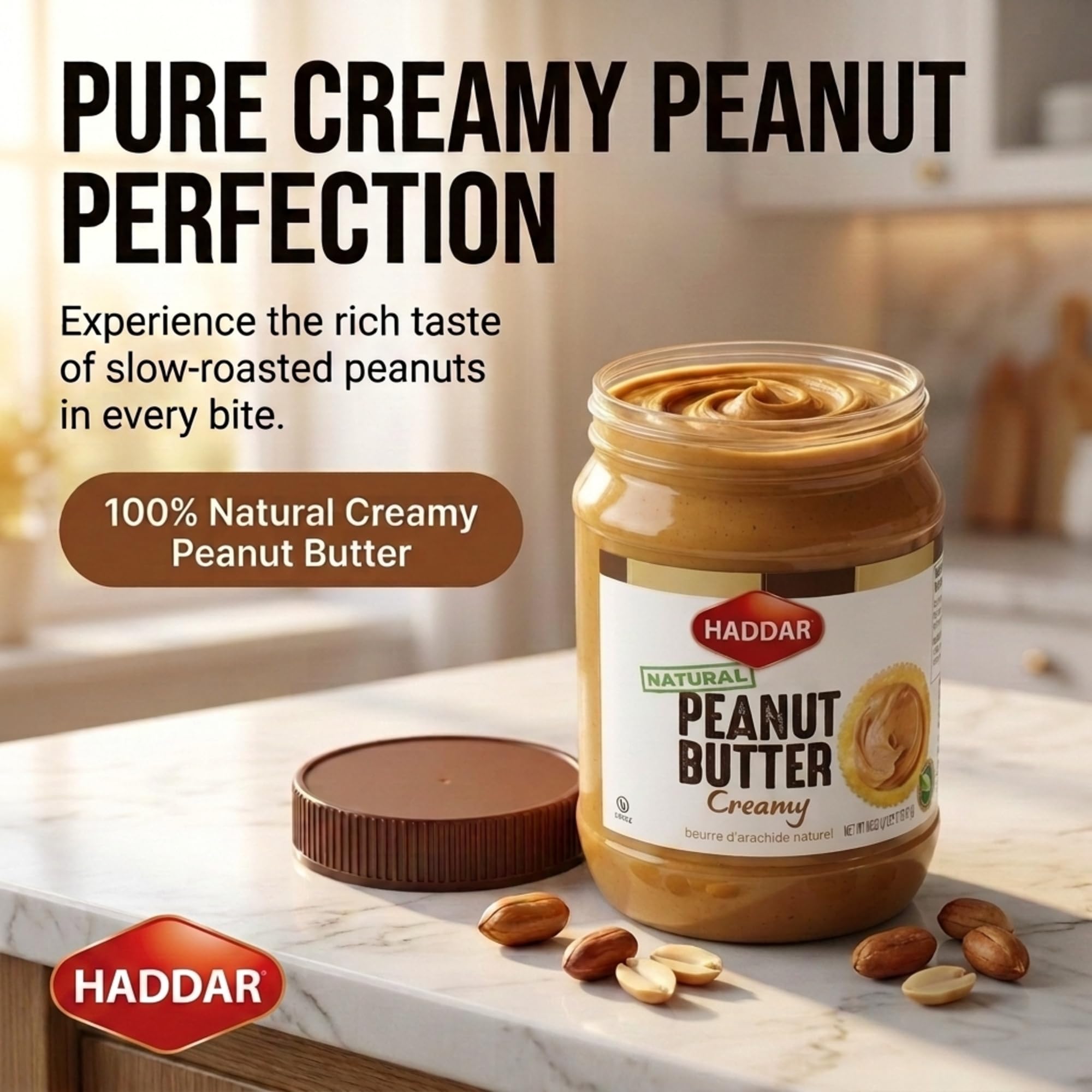 Haddar Creamy Peanut Butter 18oz Jar (2 Pack) — 100% Pure Natural, Unsalted, Non‑GMO