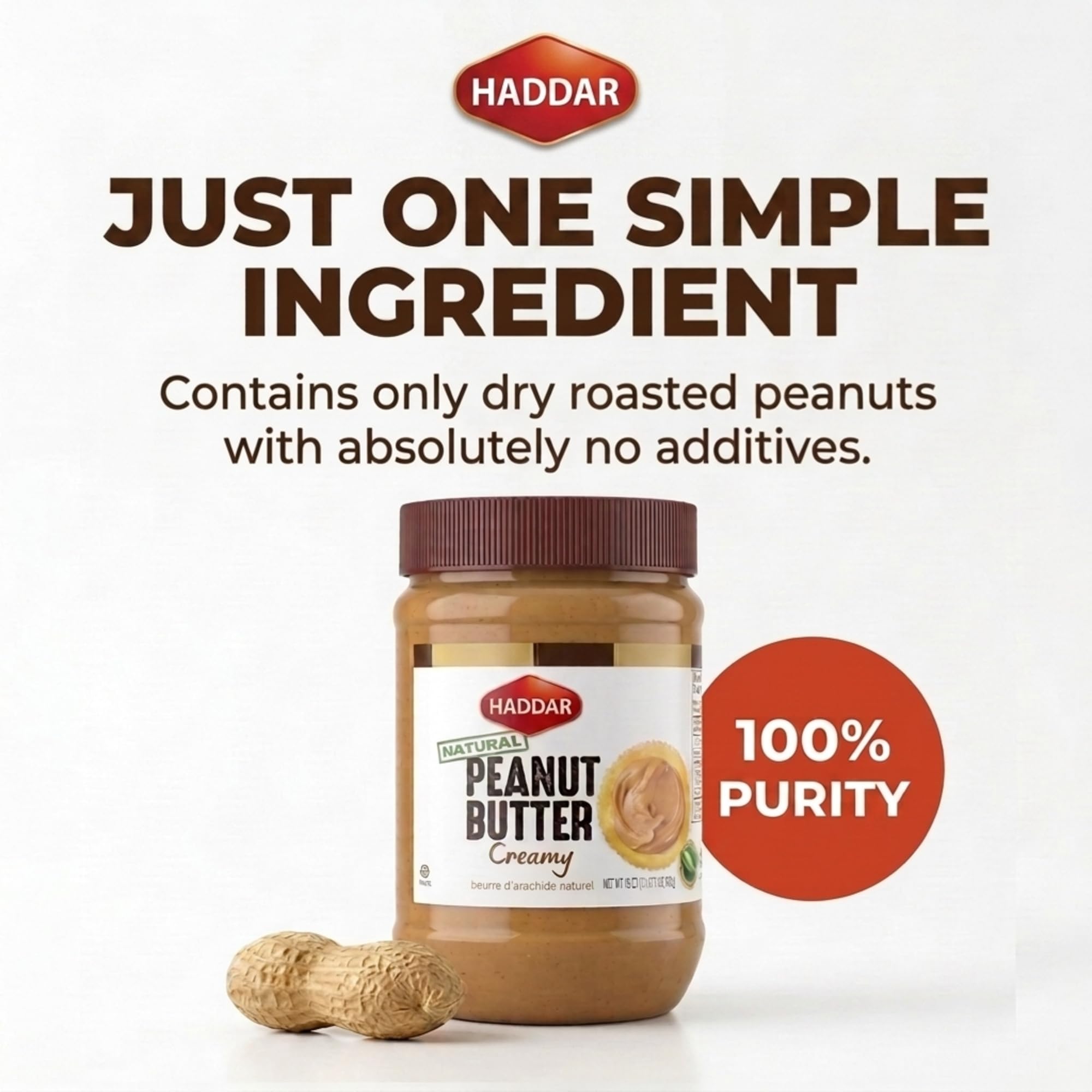 Haddar Creamy Peanut Butter 18oz Jar (2 Pack) — 100% Pure Natural, Unsalted, Non‑GMO