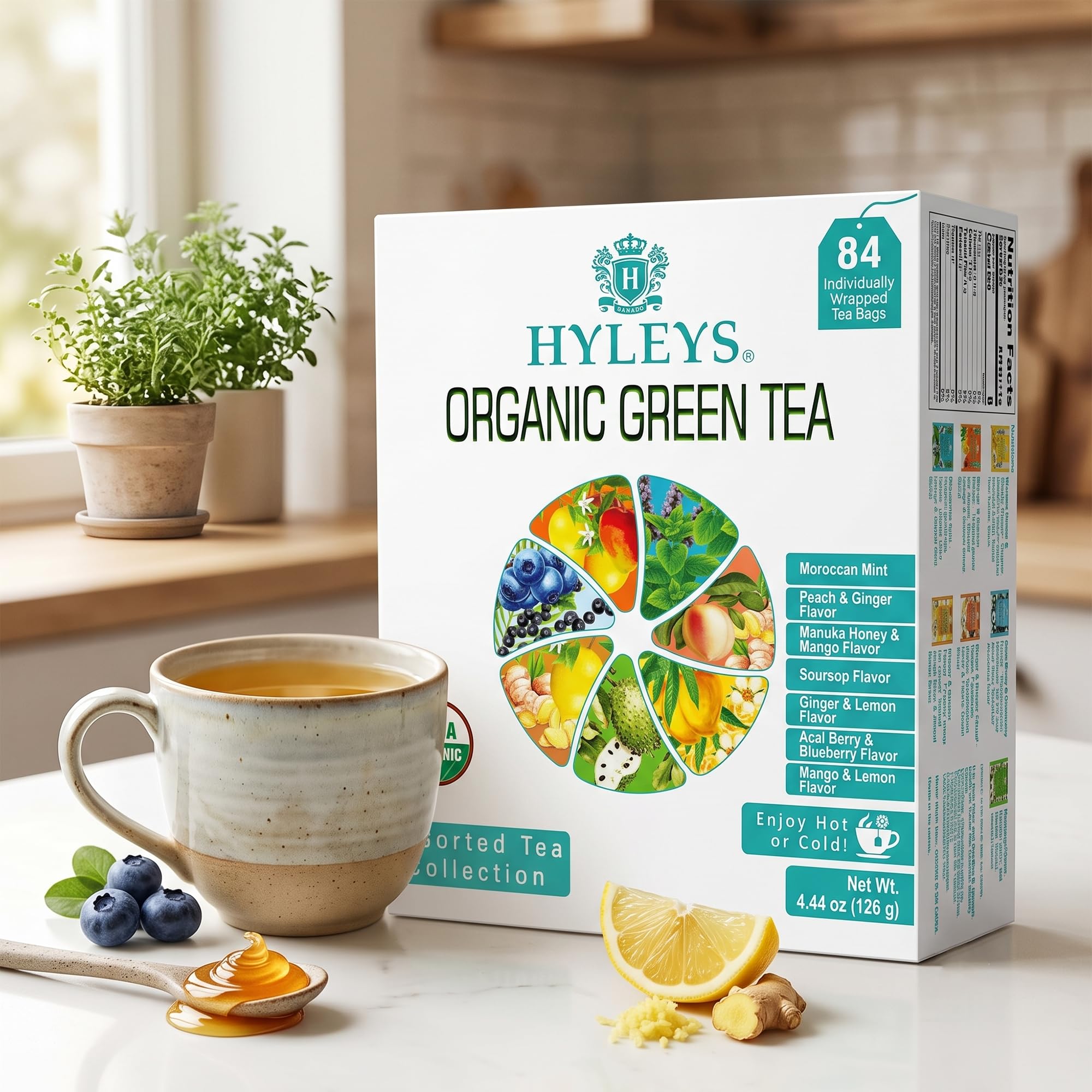 HYLEYS Organic Green Tea Variety Pack — 84 Individually Wrapped Tea Bags, 7 Natural Flavors, Vegan