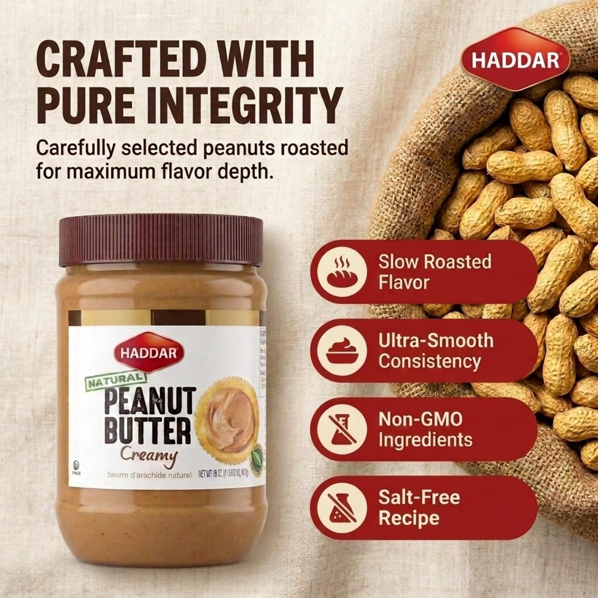 Haddar Creamy Peanut Butter 18oz Jar (2 Pack) — 100% Pure Natural, Unsalted, Non‑GMO