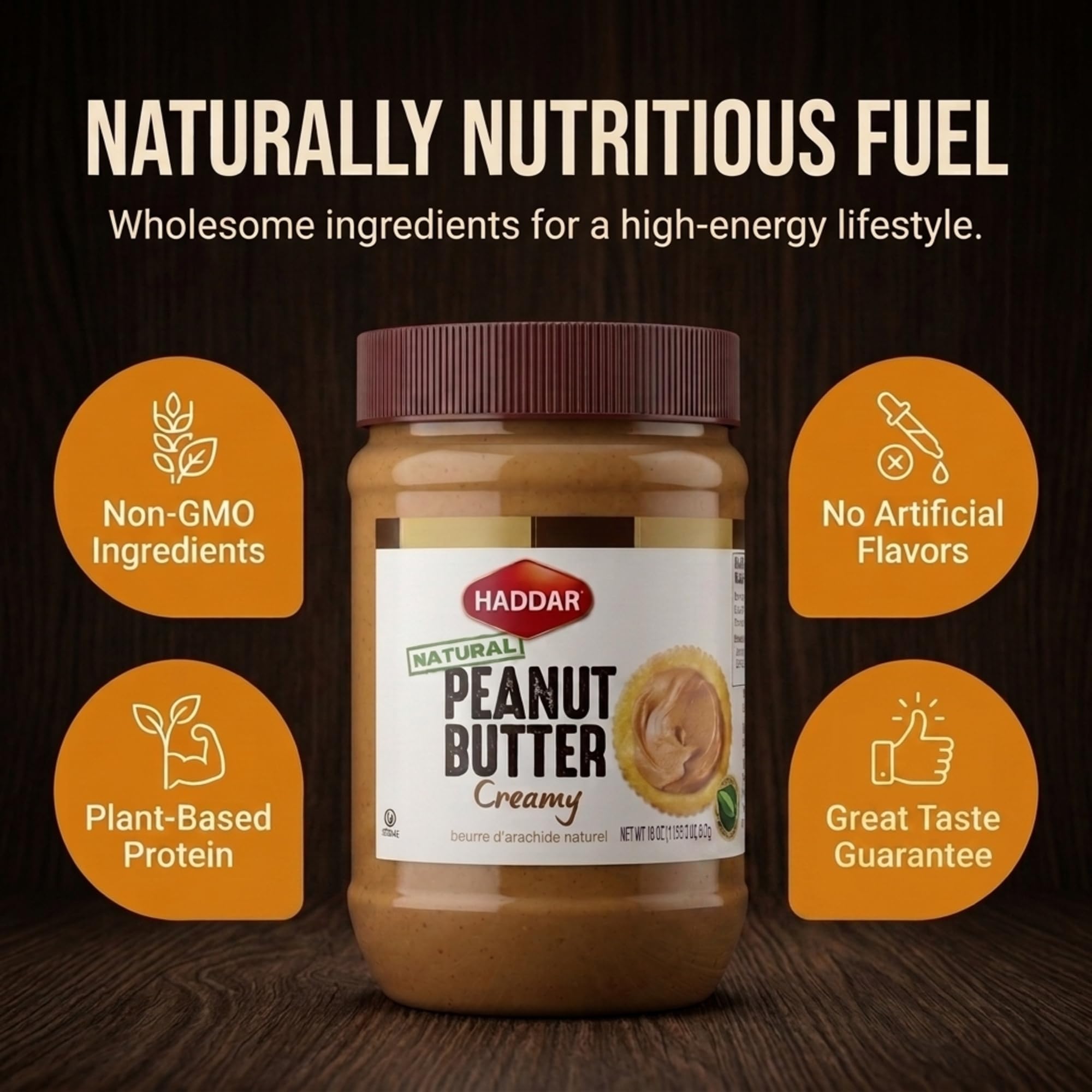 Haddar Creamy Peanut Butter 18oz Jar (2 Pack) — 100% Pure Natural, Unsalted, Non‑GMO