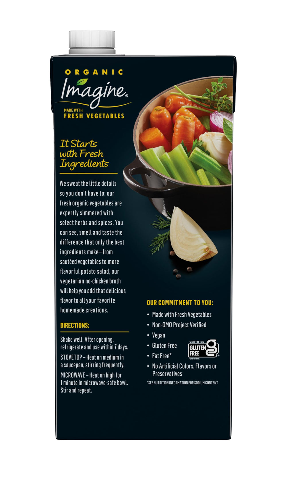 Imagine broth carton closeup label highlights USDA Organic and vegan benefits for informed choices