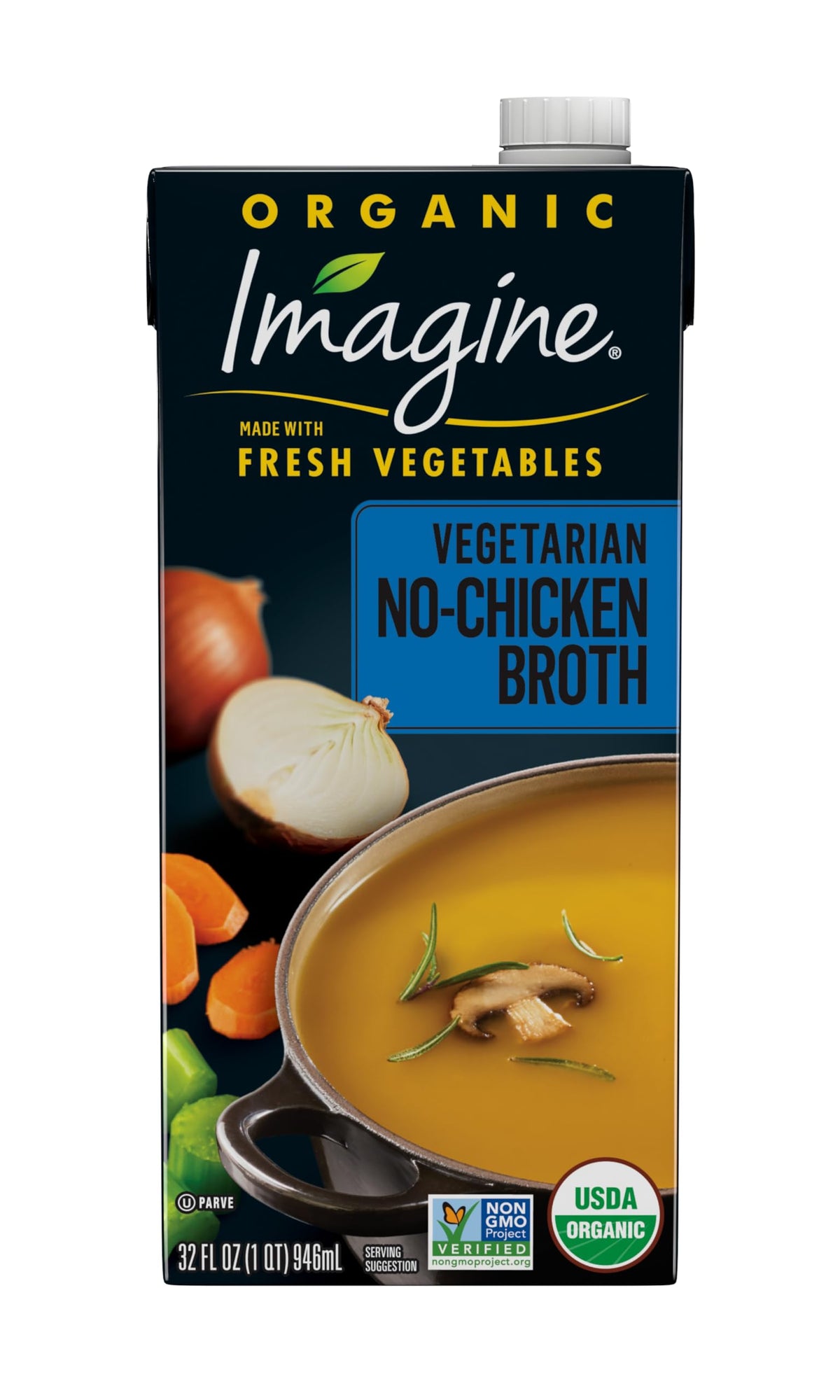 Imagine no-chicken broth pack front shows six cartons and clear organic branding for quick selection