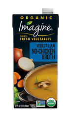 Imagine no-chicken broth pack front shows six cartons and clear organic branding for quick selection