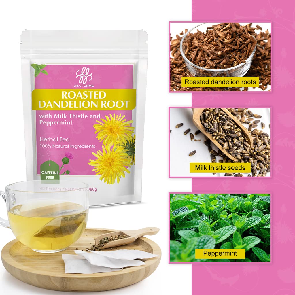 iMATCHME loose roasted dandelion root milk thistle and peppermint display