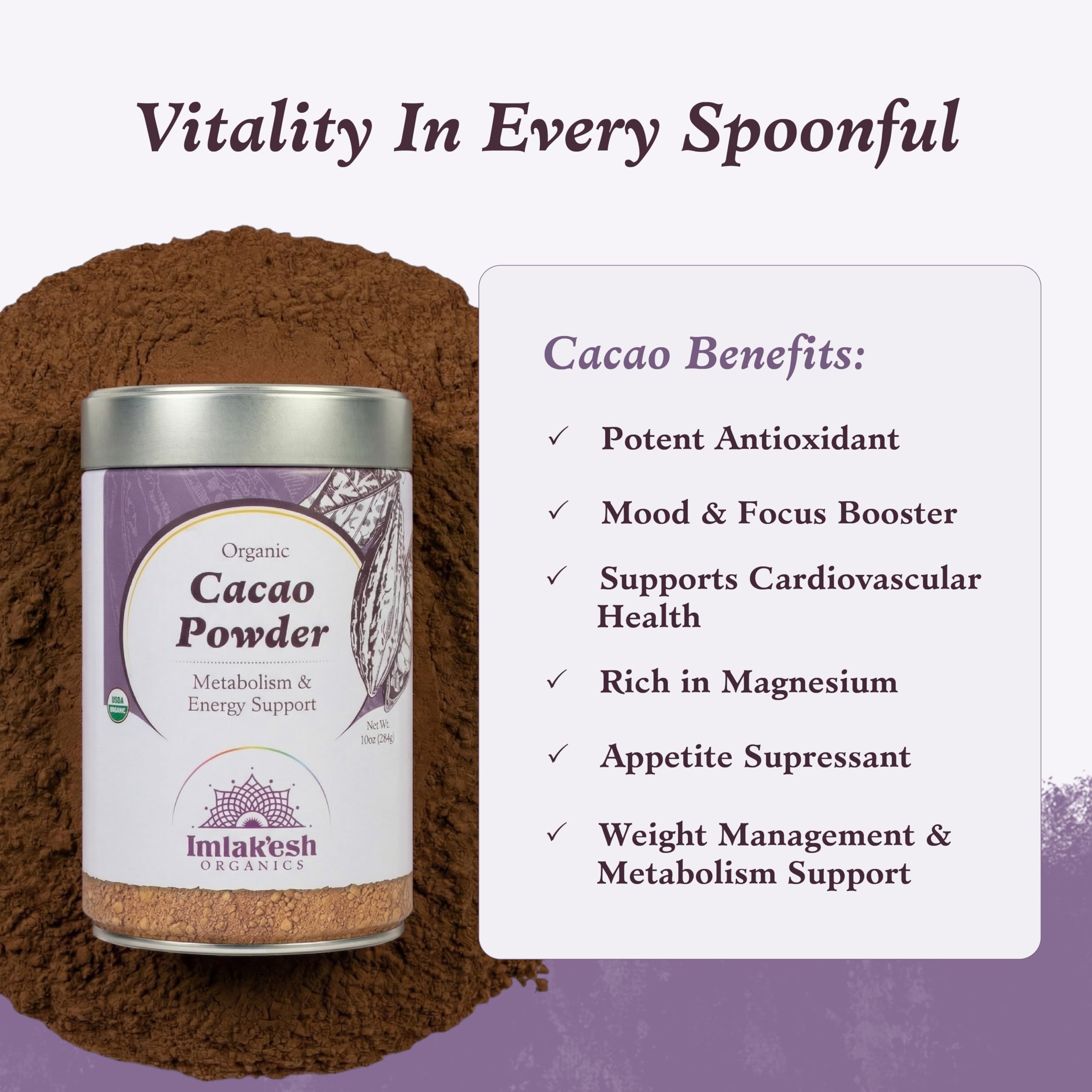 Imlak'esh Organics close-up of fine cacao powder texture, ideal for recipes