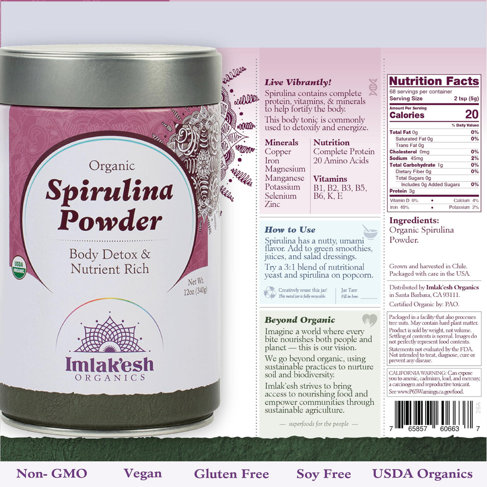Smoothie bowl topped for breakfast with Imlak'esh Organics spirulina for added protein
