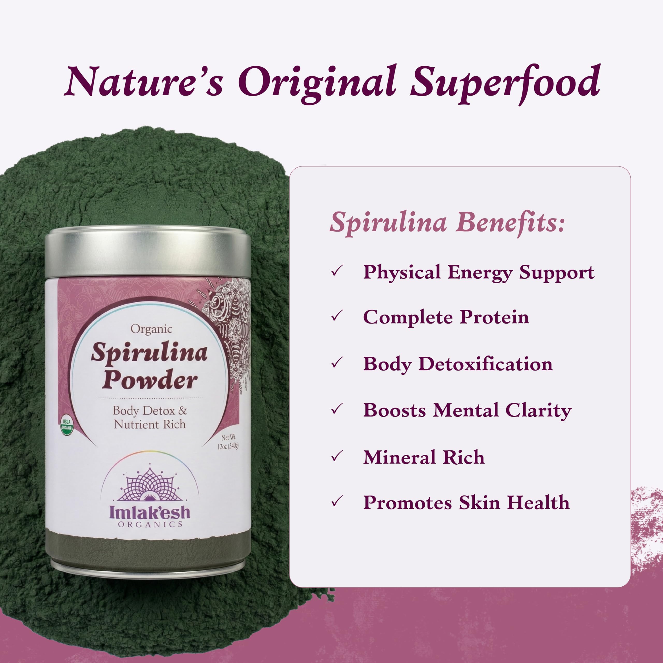Imlak'esh Organics powder being sprinkled onto a green smoothie for nutrient boost