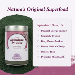 Imlak'esh Organics powder being sprinkled onto a green smoothie for nutrient boost