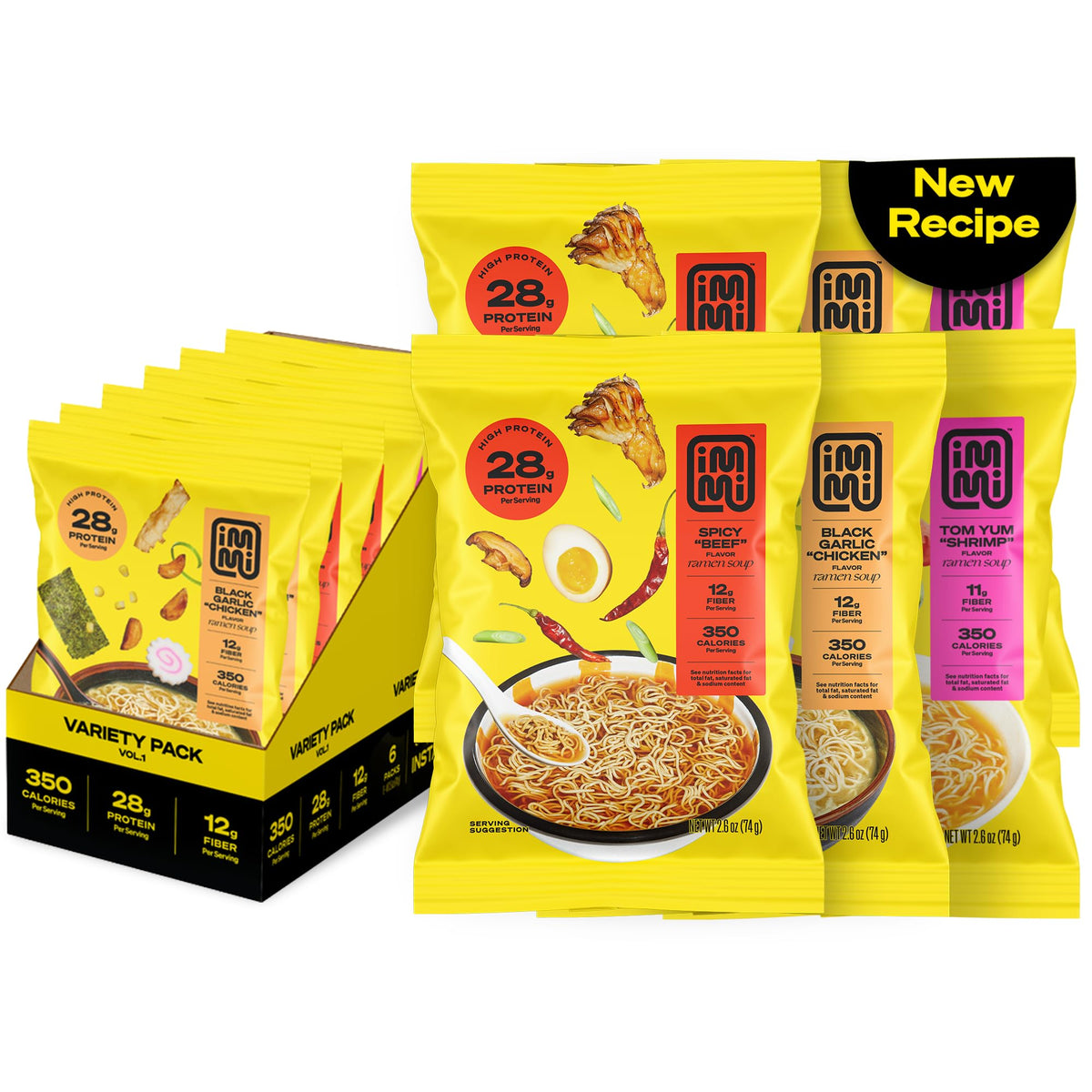 immi front packaging showing six vegan ramen bowls and flavor labels for convenience