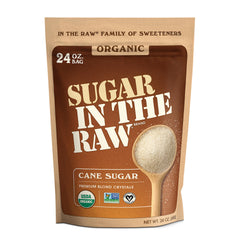IN THE RAW front packaging 24 oz bag showing organic and fair trade benefits