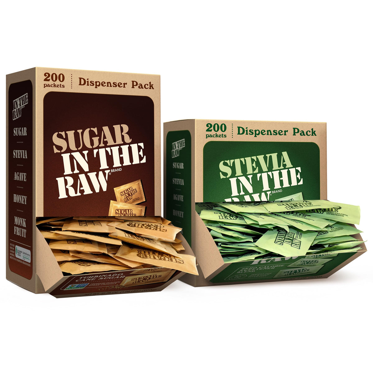 IN THE RAW front packaging bundle showing both turbinado and stevia packets for convenience