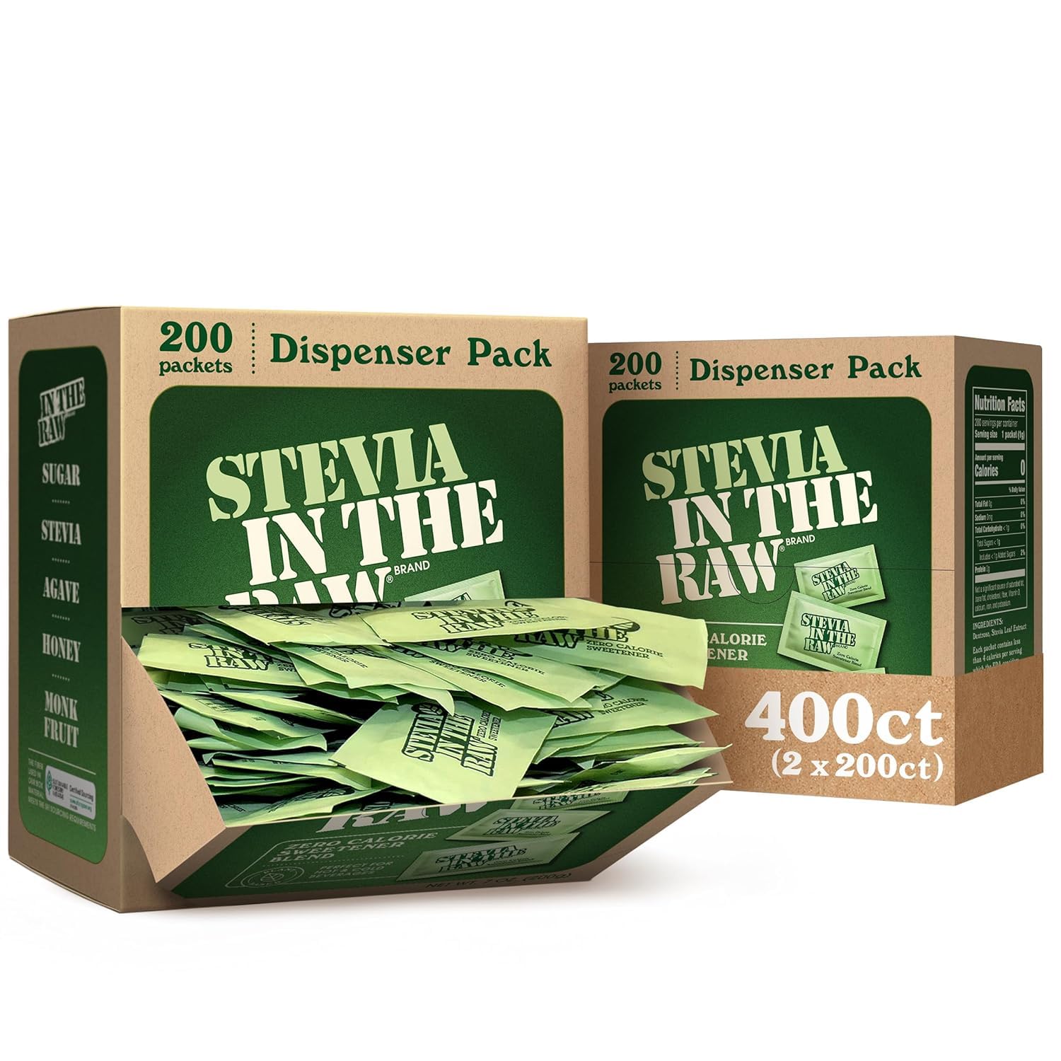 IN THE RAW front packaging box showing 200-count stevia packets for easy storage and travel