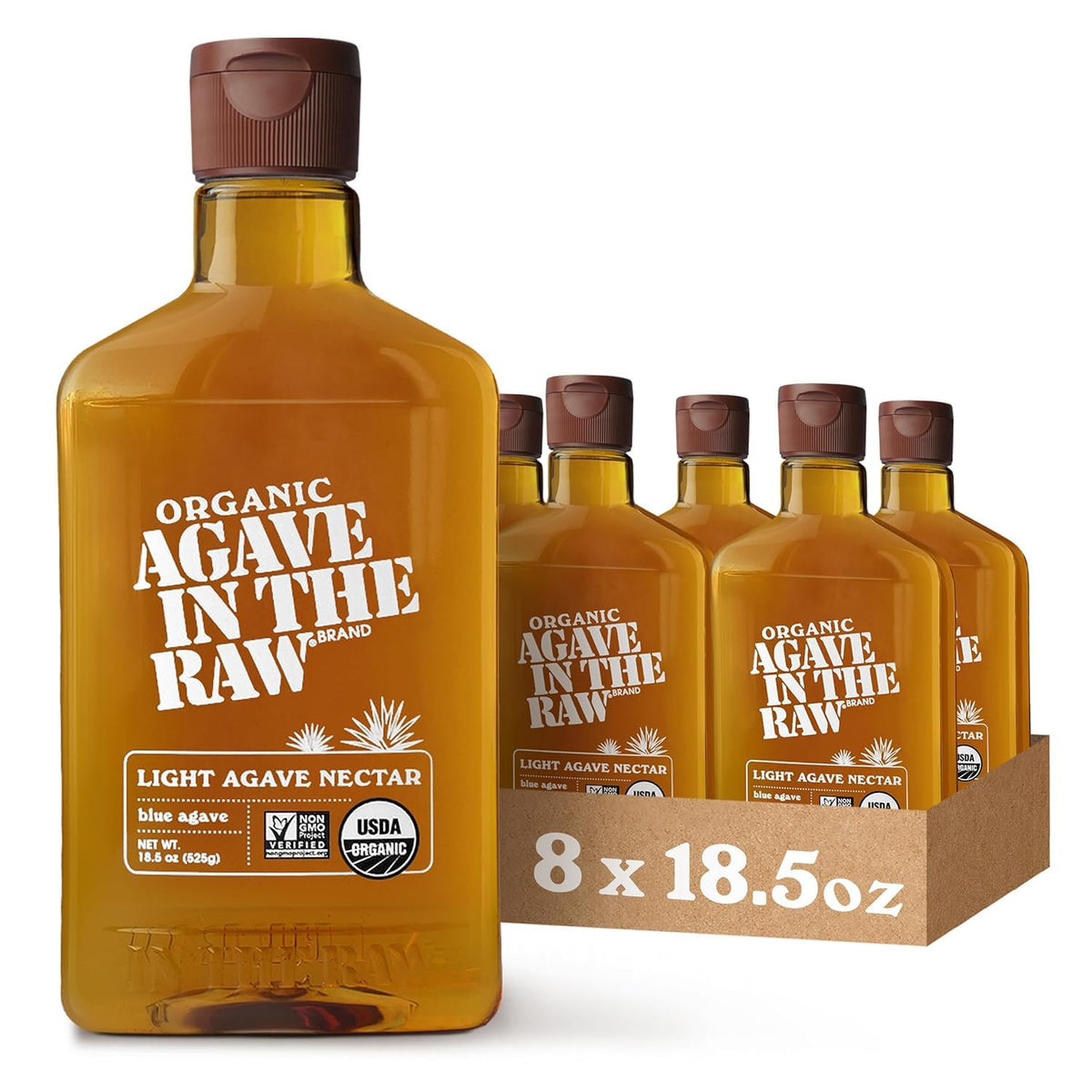 IN THE RAW front packaging showing bottle and rich amber color for pantry convenience