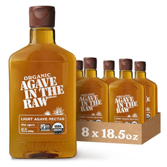 IN THE RAW front packaging showing bottle and rich amber color for pantry convenience