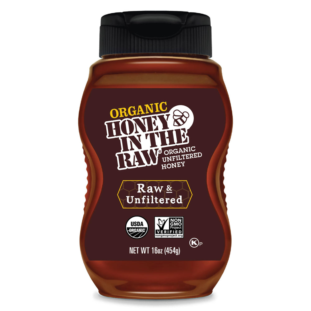 IN THE RAW jar front view showing organic raw honey, clear labeling, ready to use