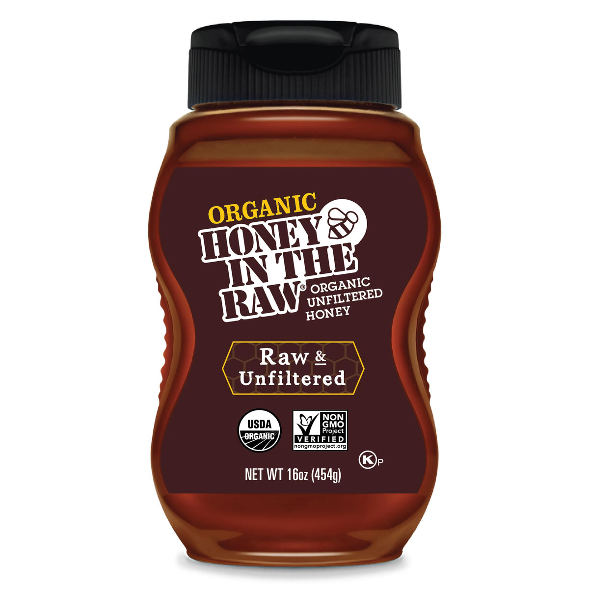 IN THE RAW jar front view showing organic raw honey, clear labeling, ready to use