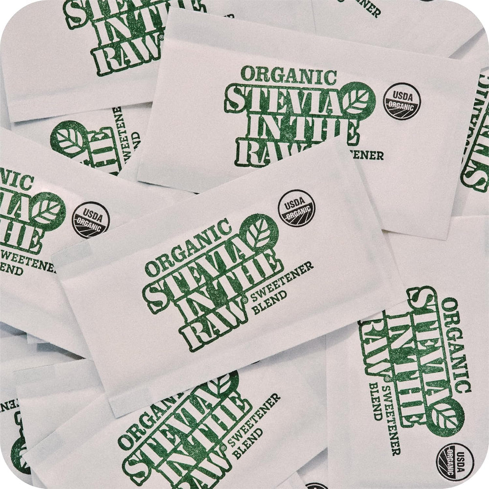 IN THE RAW single packet close-up highlighting organic stevia ingredients and portability