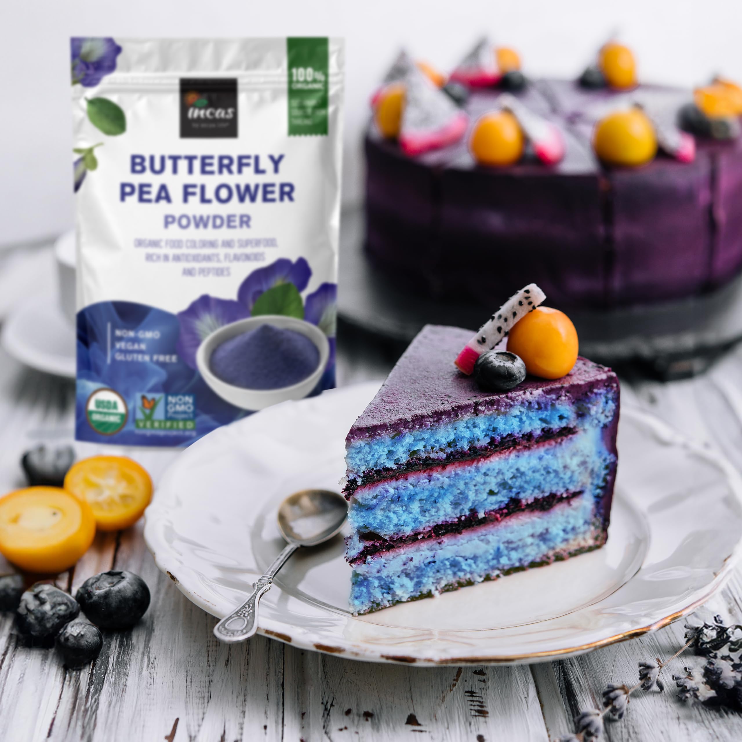 Incas blue latte made with powder showing creamy color and appeal