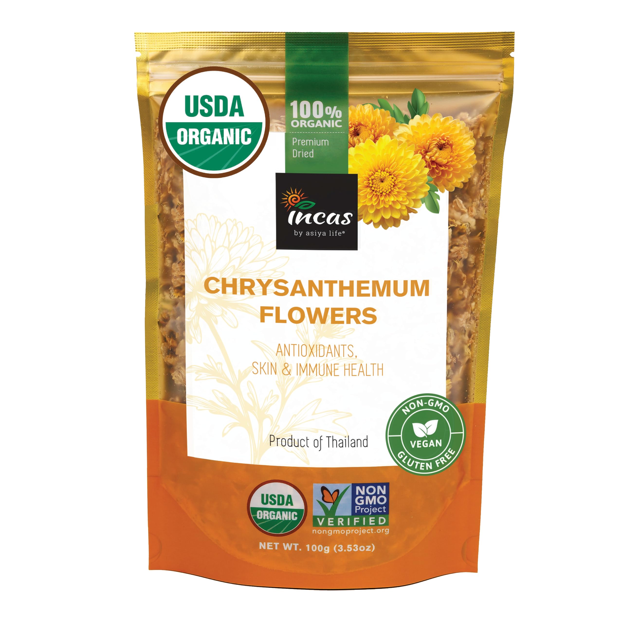 Incas by Asiya Life front packaging showing organic chrysanthemum tea benefits