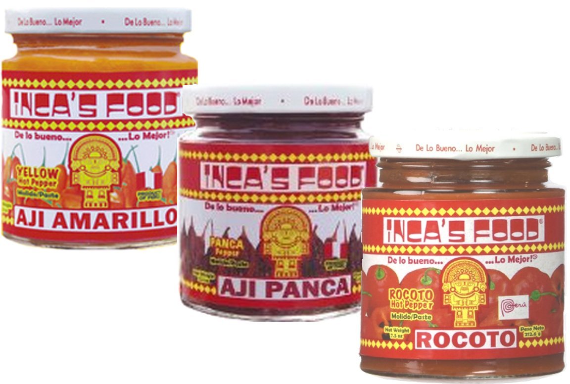 Inca's Food front packaging showing three aji paste jars and visible labels for easy selection