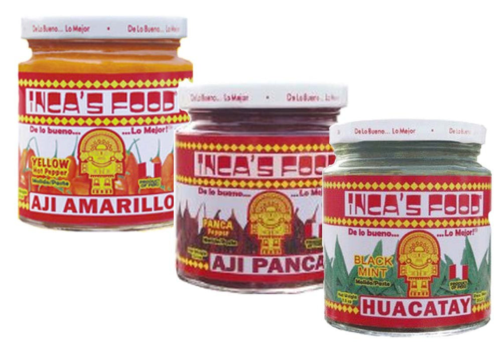 Inca's Food trio front packaging showing three jars and clear labels for versatile cooking
