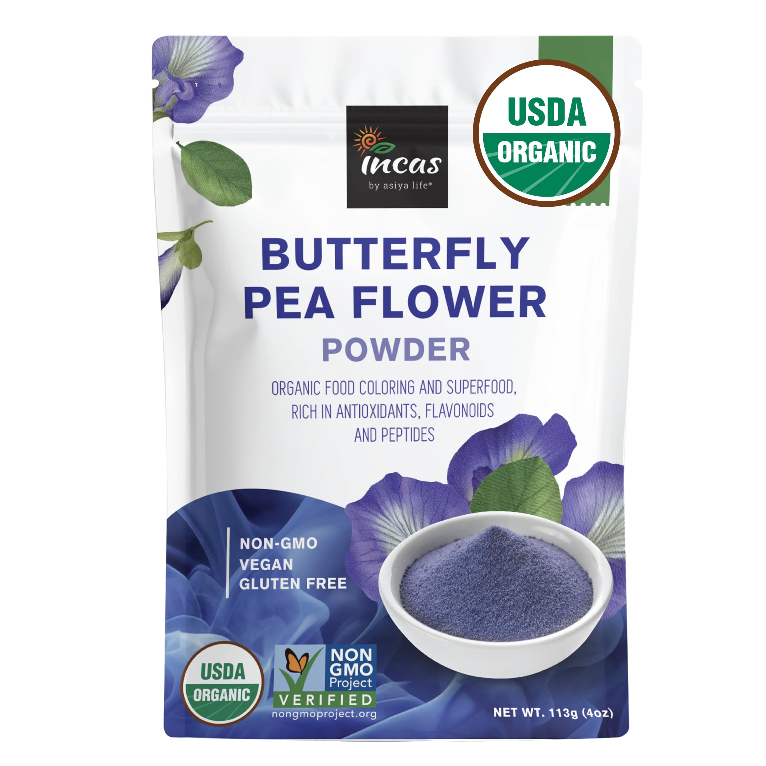 Incas front packaging of 4 ounce organic blue powder showing label benefits