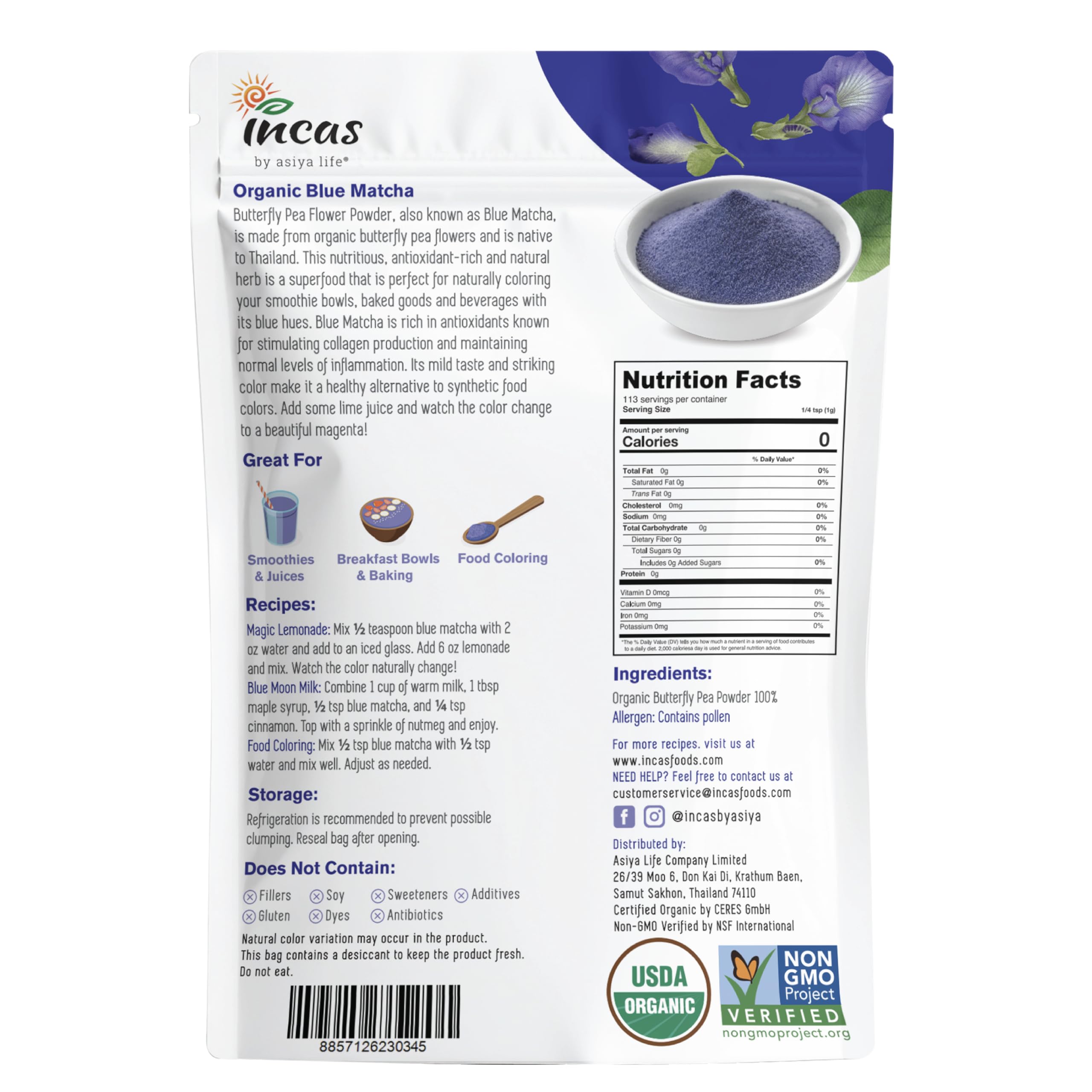 Incas open pouch revealing vibrant butterfly pea powder for easy scooping