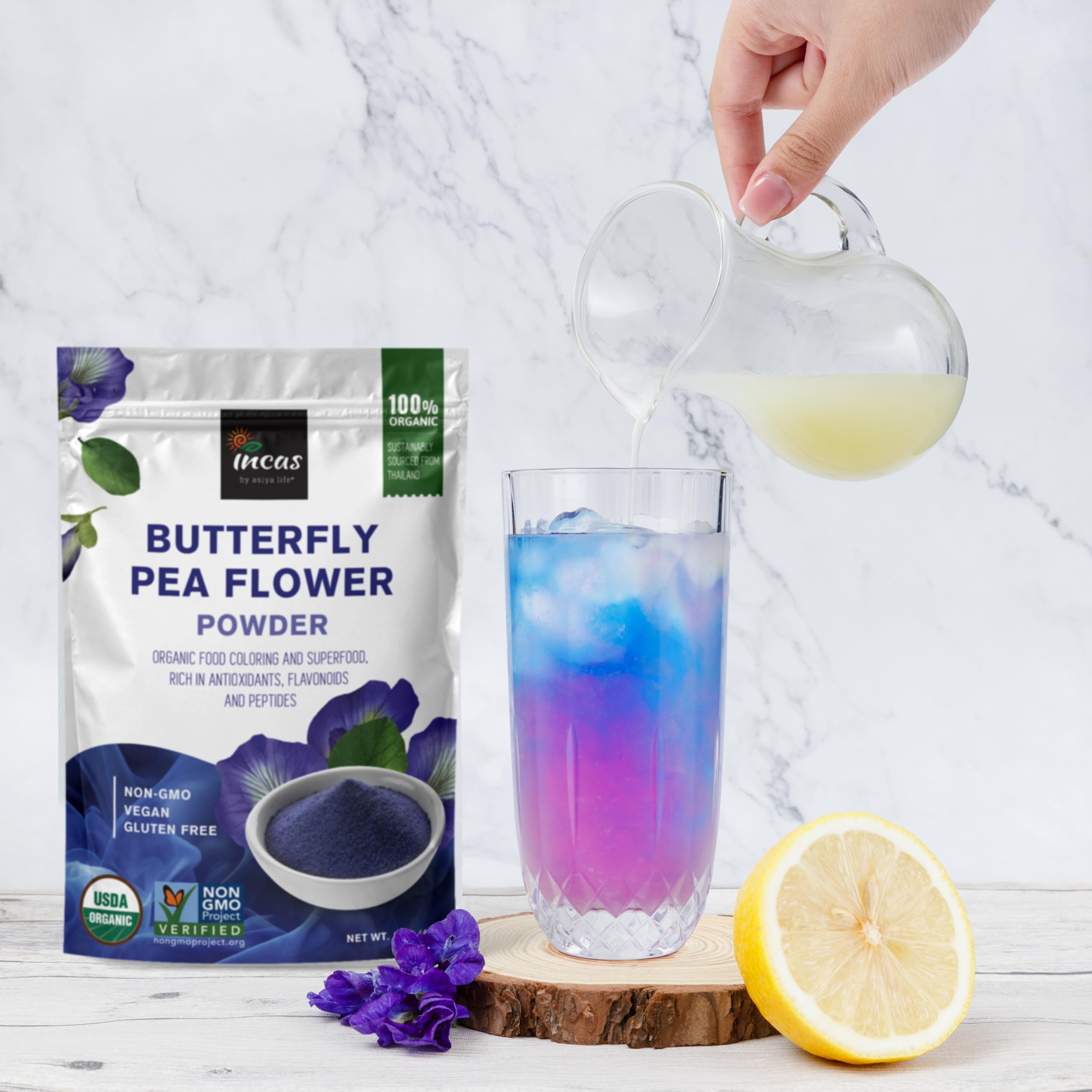 Close-up texture of Incas organic butterfly pea powder for consistent blending