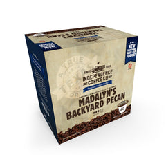 INDEPENDENCE COFFEE CO. single Madalyn's Backyard Pecan K-Cup top showing label clarity