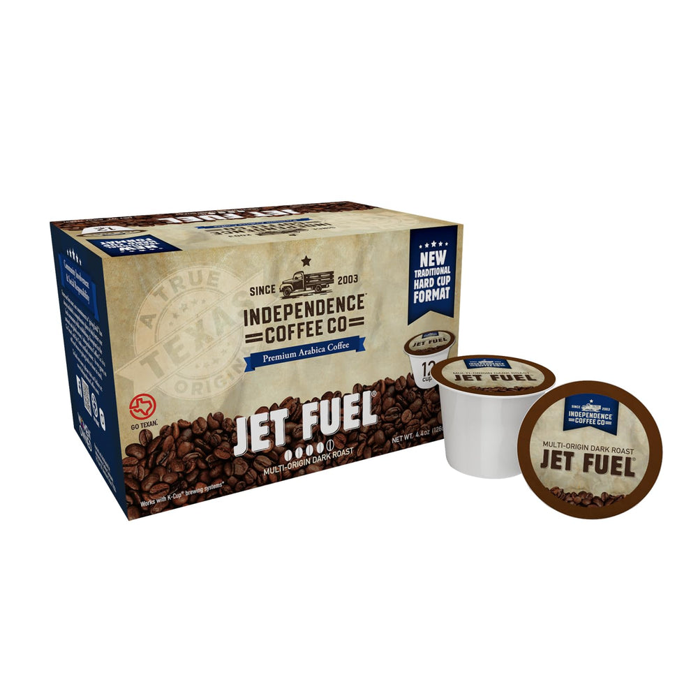 INDEPENDENCE COFFEE CO. Jet Fuel front packaging showing bold dark roast label and convenience