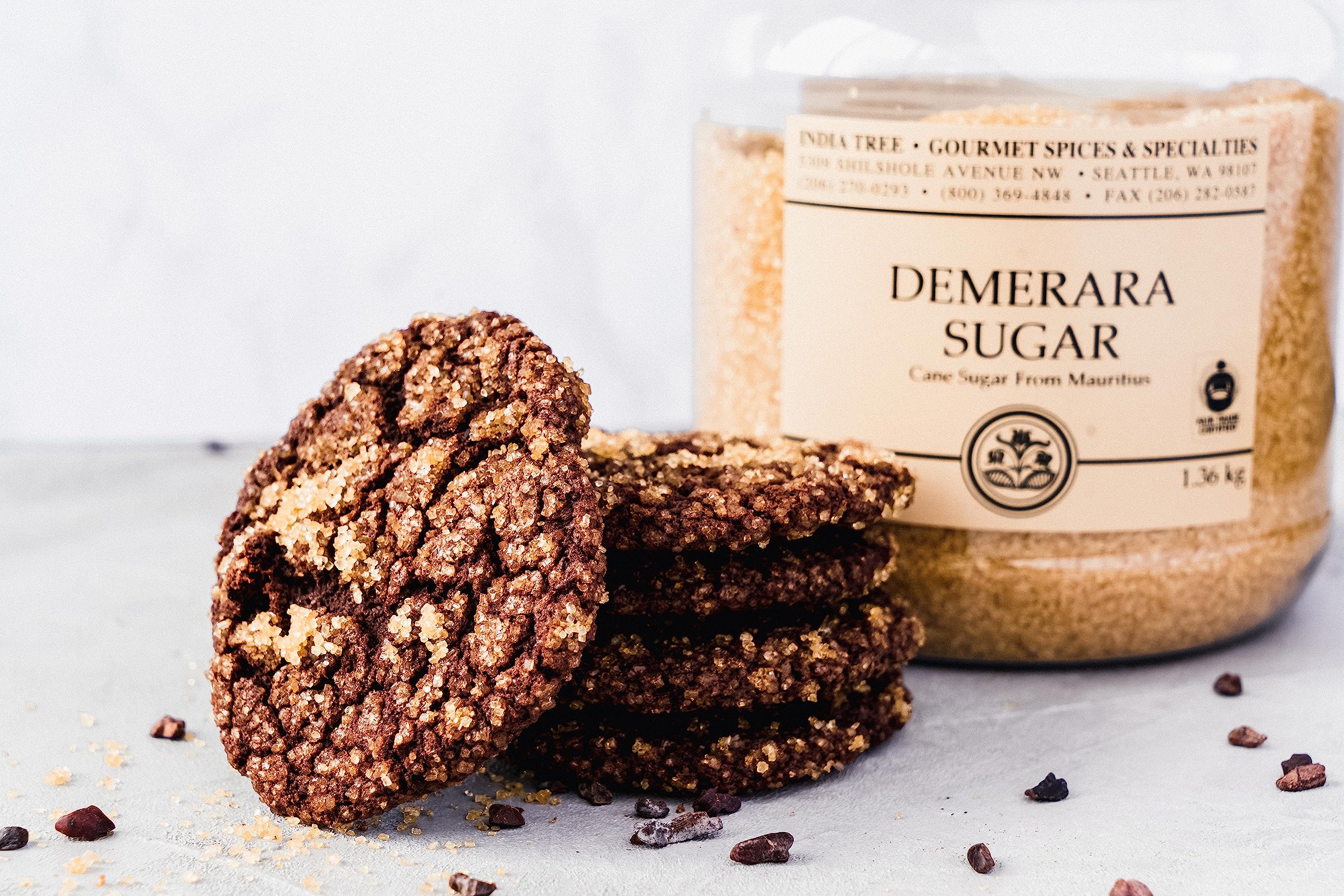 India Tree label close-up with fair trade icons and vegan certification benefits