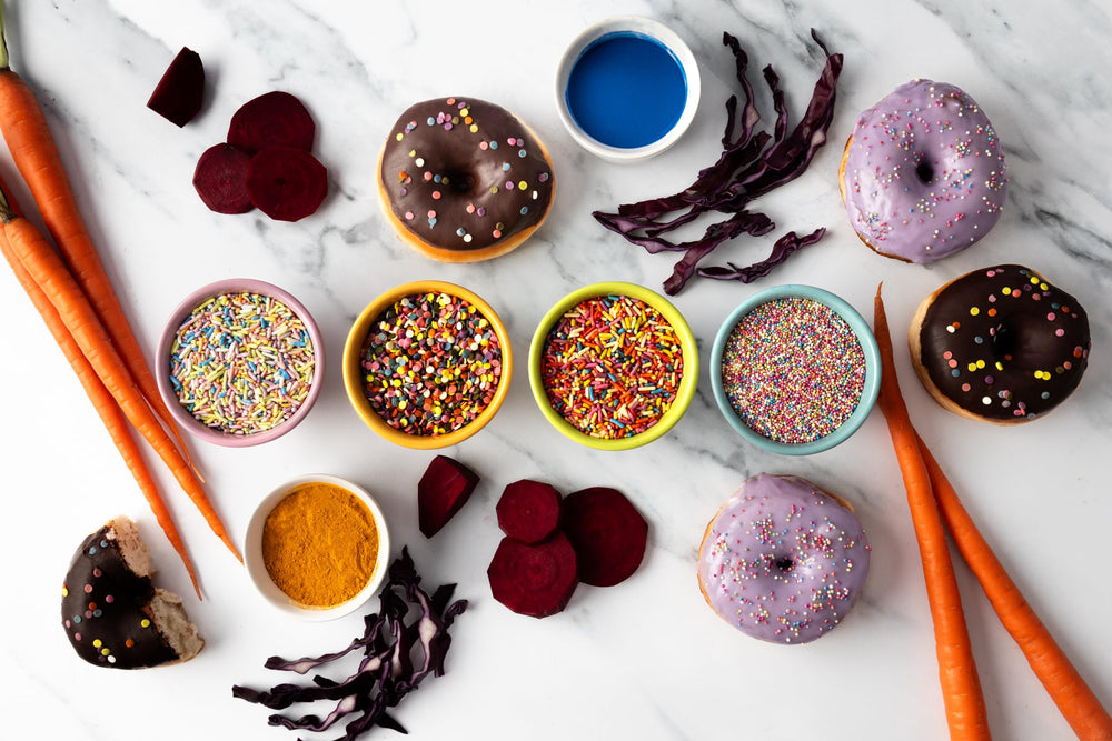 Arranged color palette of India Tree sprinkles showing natural pigment variety