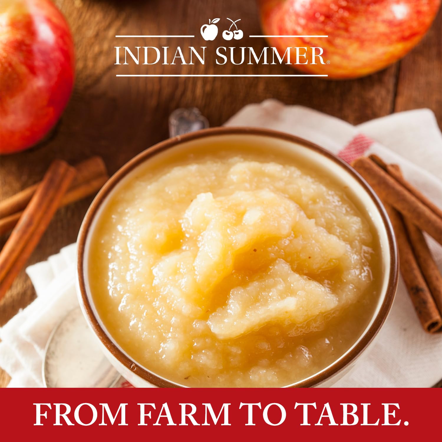 INDIAN SUMMER spoon serving applesauce highlighting ready-to-eat convenience
